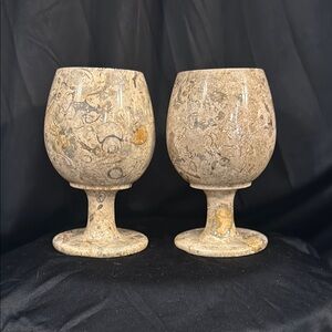 Vintage Fossil Dragon Stone Goblets Set 4.5 x 3”